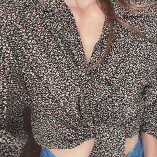 Vintage Floral Button-Up Blouse – 90s Cottagecore, Parisian Chic, Oversized Fit, Size L-XL