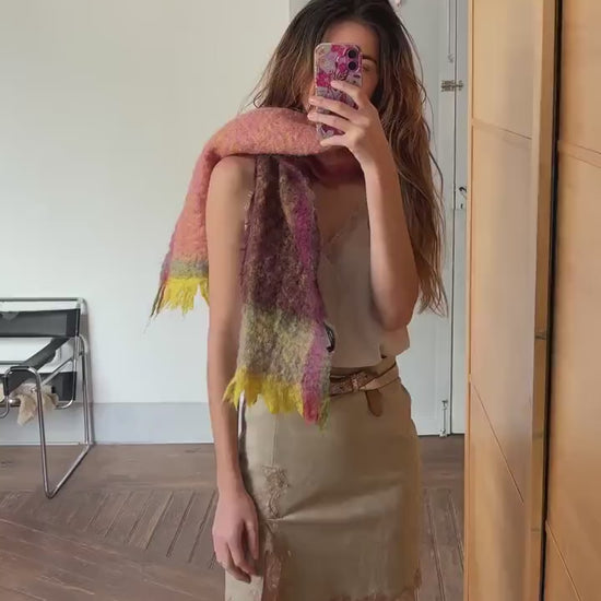 Mohair  scarf, fluffy wide blend winter scarf, rainbow plaid scarf, fringe plaid scarf, cozy scarf, shawl, Christmas gift