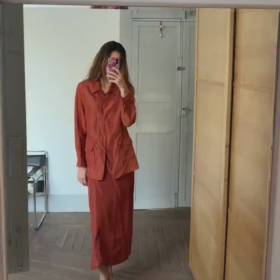 Vintage Penny Black Burnt Orange Silk Linen Two-Piece Set, Wedding Guest Outfit, Designer Skirt & Top, Unworn with Tags, Elegant Women