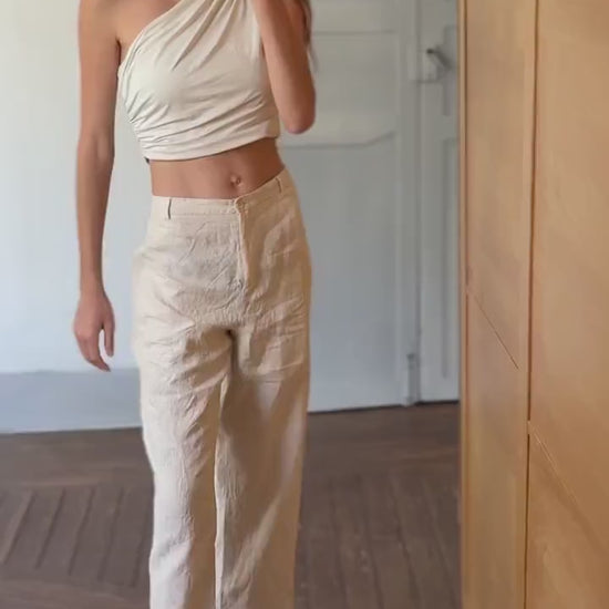 Earthy nagtural Vintage linen pants by El Corte Inglés, Sustainable fashion Wide leg cream beige trousers, Eco friendly Spanish clothing