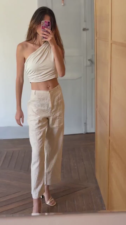 Earthy nagtural Vintage linen pants by El Corte Inglés, Sustainable fashion Wide leg cream beige trousers, Eco friendly Spanish clothing