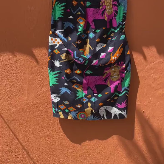 Ethnographic colourful short skirt, Handmade cheerful summer skirt with playful print, African cotton clothing, Aztec retro mini skirt