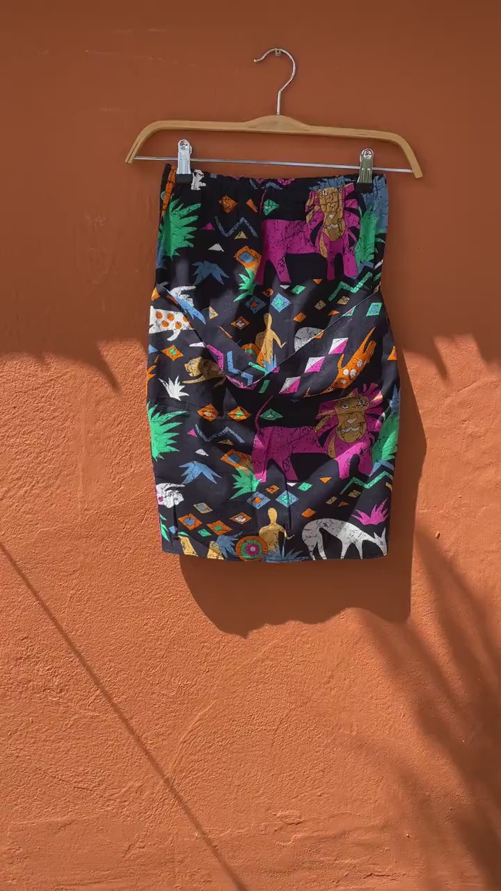 Ethnographic colourful short skirt, Handmade cheerful summer skirt with playful print, African cotton clothing, Aztec retro mini skirt