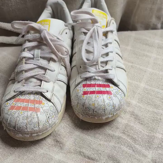 Vintage Adidas x Pharrell Williams sneakers, Flower printed sport shoes, Red - orange - yellow and white leather trainers, Size 44 - USA 10