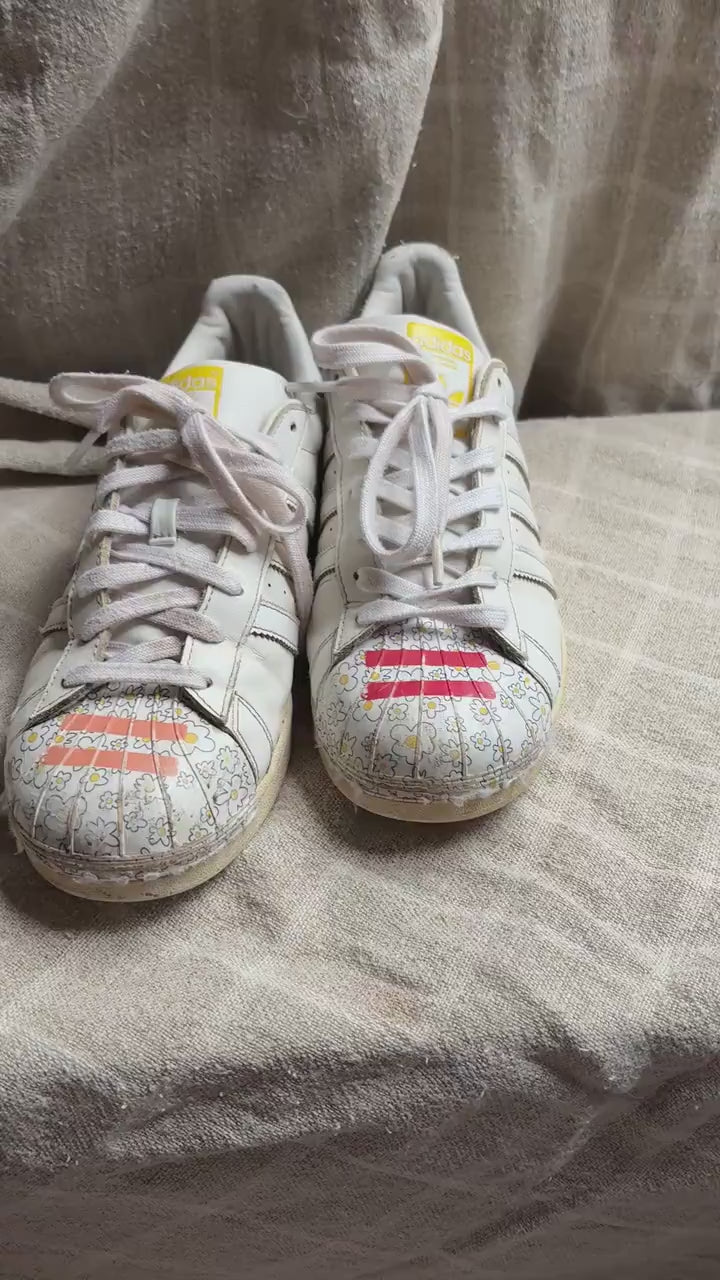 Vintage Adidas x Pharrell Williams sneakers, Flower printed sport shoes, Red - orange - yellow and white leather trainers, Size 44 - USA 10