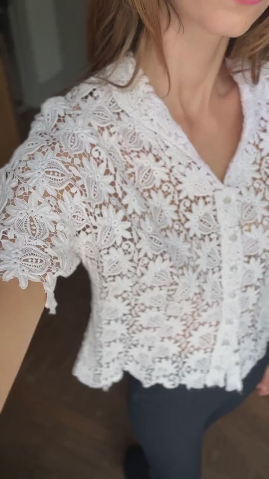 Vintage white lace blouse, Cottage core summer top, sheer floral fabric, crystal button detail, romantic style, size M-L