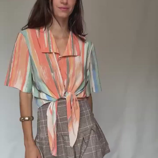 Vibrant Vintage Short-Sleeve Button Front Blouse Italy-Made Art Deco Pastel Stripe Indie Sleaze Style for Retro Wardrobe