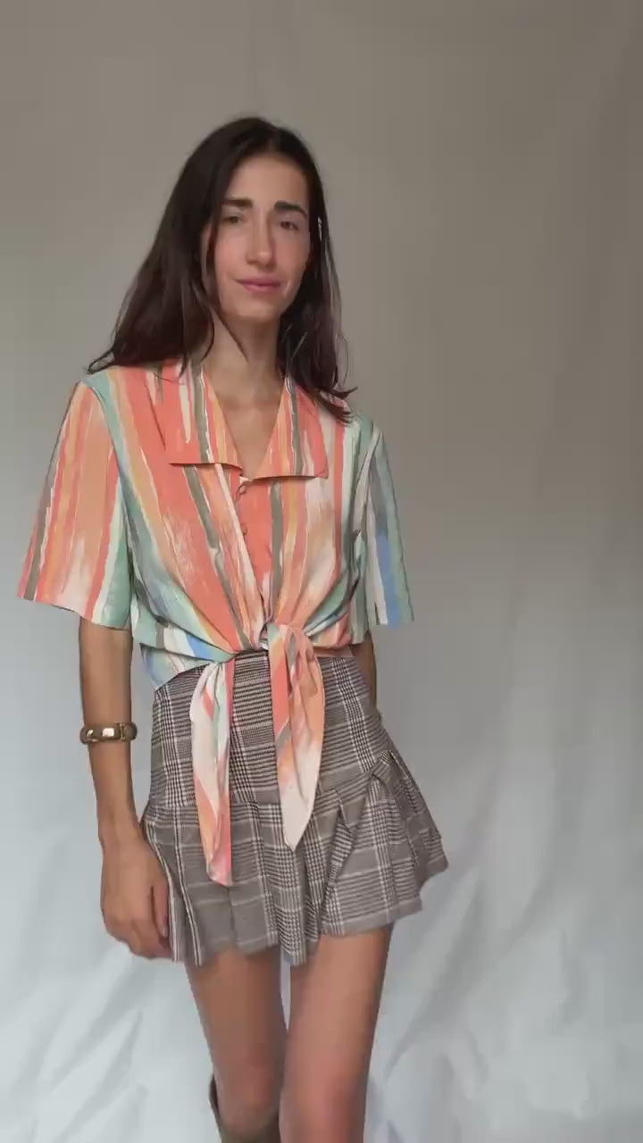 Vibrant Vintage Short-Sleeve Button Front Blouse Italy-Made Art Deco Pastel Stripe Indie Sleaze Style for Retro Wardrobe