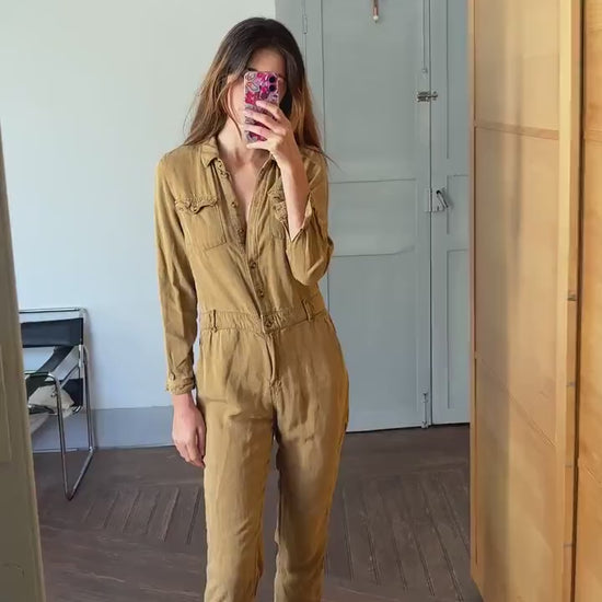 Vintage light brown jumpsuit, Retro linen and cotton long sleeve long pants playsuit, Tan workwear, Casual basic outfit, S