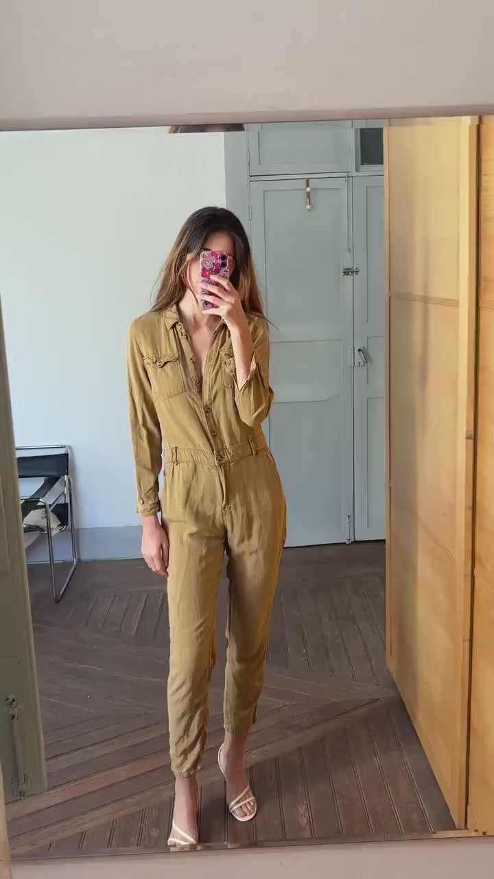 Vintage light brown jumpsuit, Retro linen and cotton long sleeve long pants playsuit, Tan workwear, Casual basic outfit, S