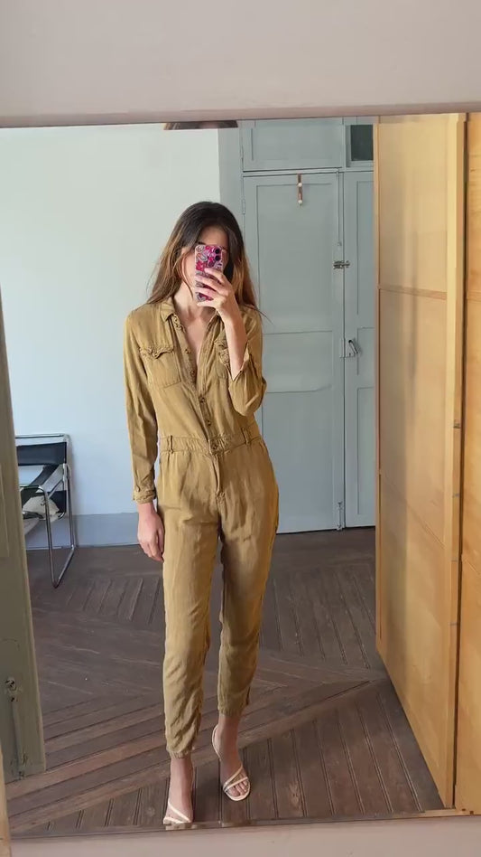 Vintage light brown jumpsuit, Retro linen and cotton long sleeve long pants playsuit, Tan workwear, Casual basic outfit, S