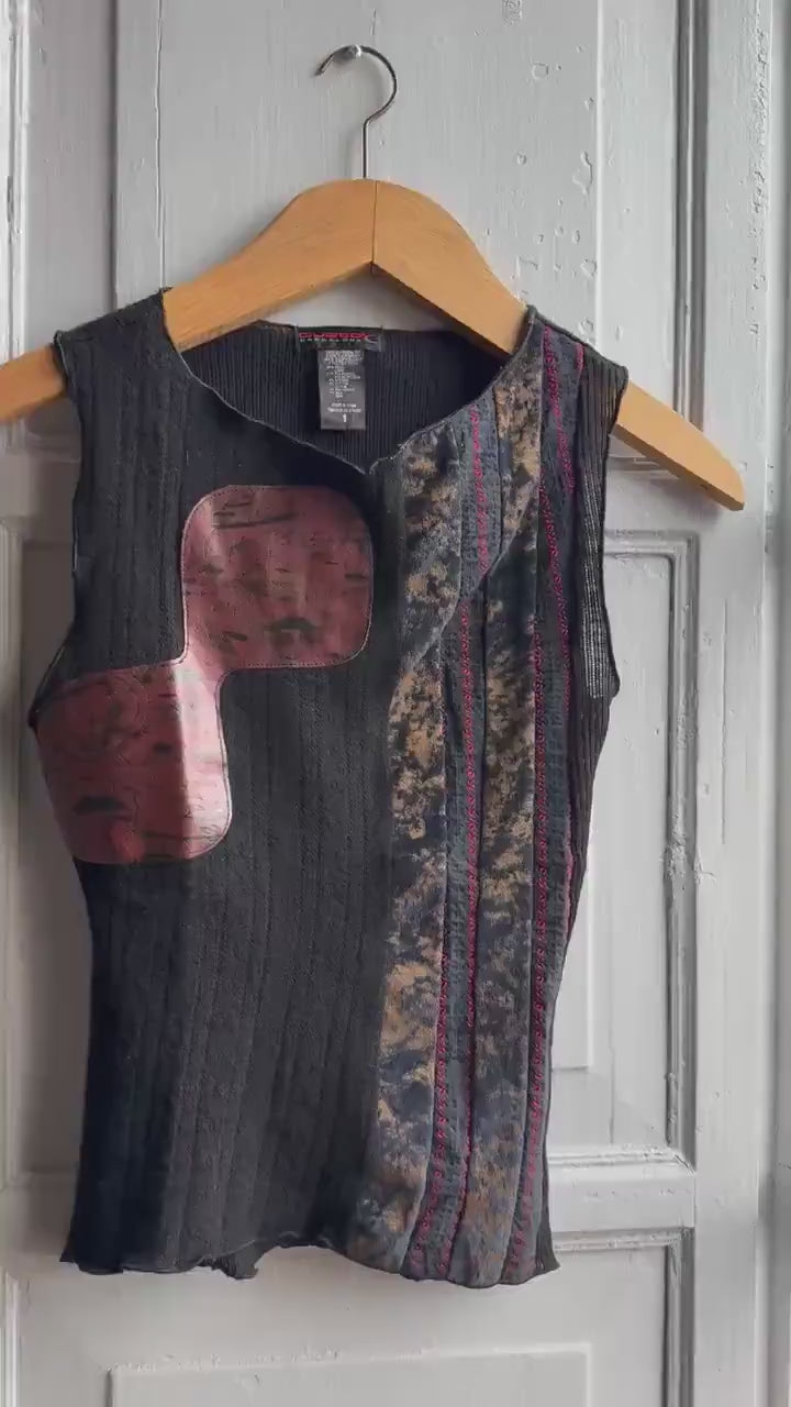 Custo Barcelona black designer camisole top, abstract patchwork, Size 1