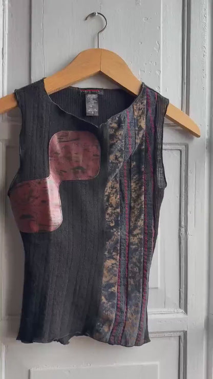 Custo Barcelona black designer camisole top, abstract patchwork, Size 1