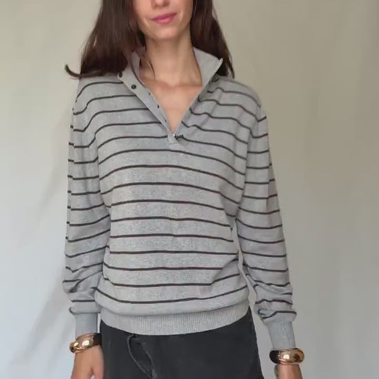 Massimo Dutti men’s striped US M cotton pullover – grey and brown half button knit sweater with ribbed cuffs and hem, classic preppy casual