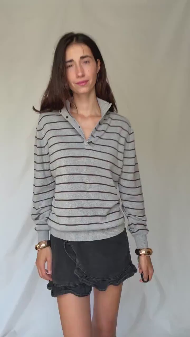 Massimo Dutti men’s striped US M cotton pullover – grey and brown half button knit sweater with ribbed cuffs and hem, classic preppy casual