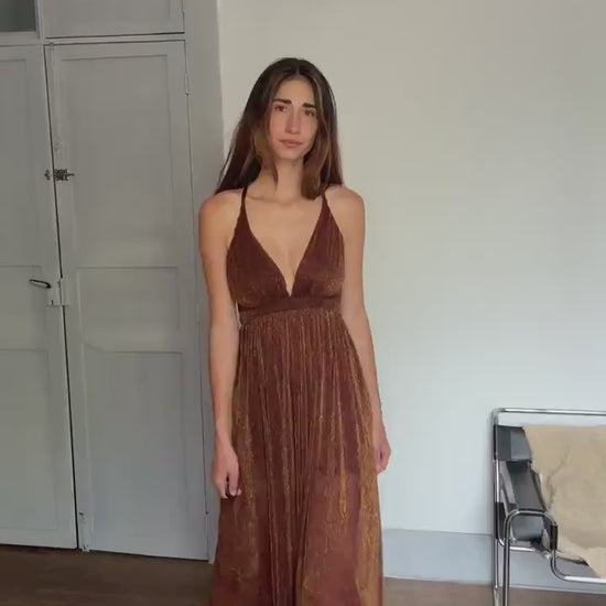 Sparkly Brown Sheer Dress – Lightweight Crinkle Mesh Maxi with Open Back & V-Neck, Perfect for Events or Summer Days, Size S