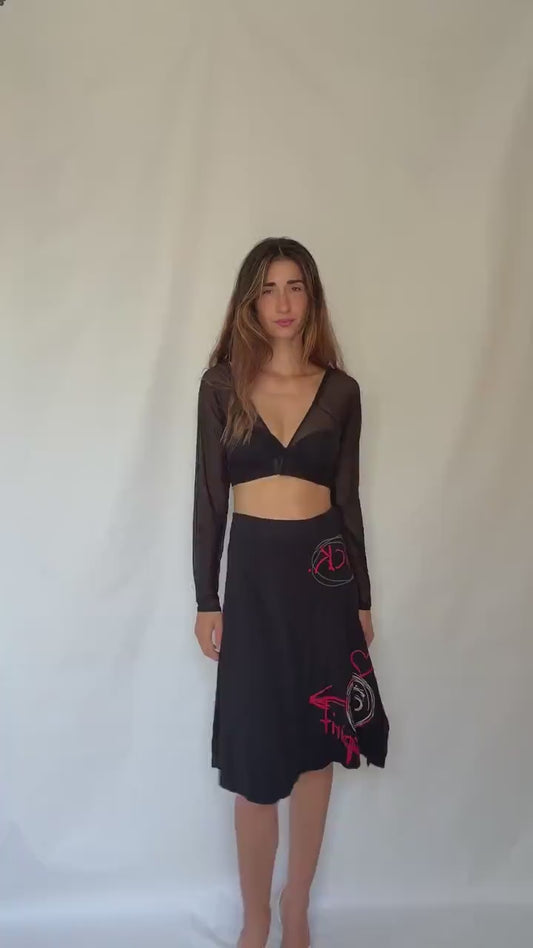 Desigual black cotton midi skirt M graffiti print Y2K style flowy asymmetrical hem 100% cotton summer skirt streetwear aesthetic