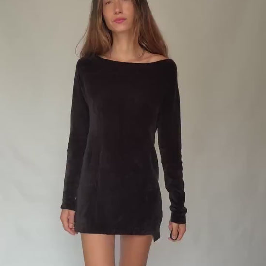 Guess Los Angeles Black Long Sleeve Mini Dress, Sexy Soft Stretch elegant black straight neck pullover, Designer clothing, Size M