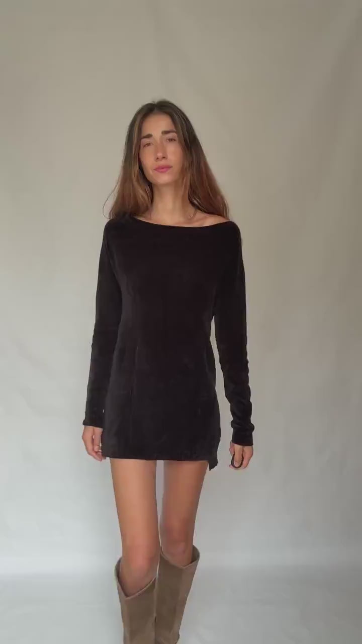 Guess Los Angeles Black Long Sleeve Mini Dress, Sexy Soft Stretch elegant black straight neck pullover, Designer clothing, Size M