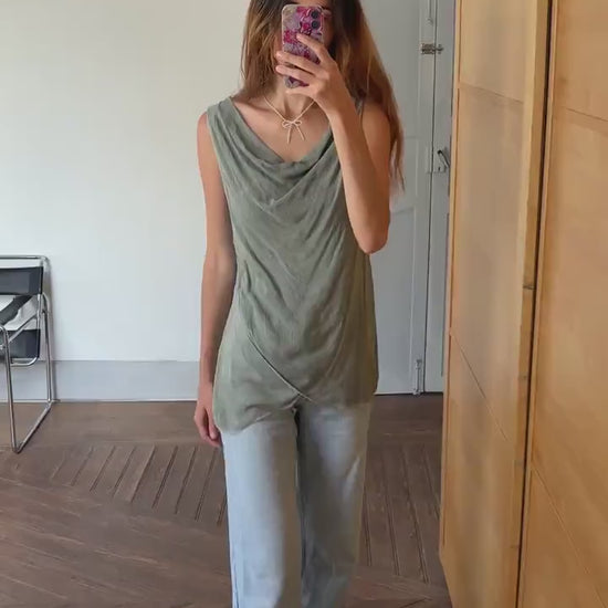Vintage luxury made in Italy draped camisole top, Light grey elegant summer minimal camisole, Super soft shirt