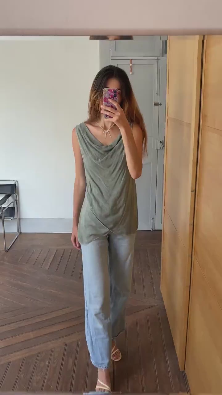 Vintage luxury made in Italy draped camisole top, Light grey elegant summer minimal camisole, Super soft shirt