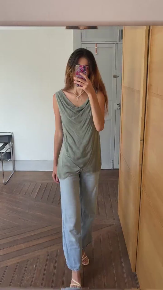 Vintage luxury made in Italy draped camisole top, Light grey elegant summer minimal camisole, Super soft shirt