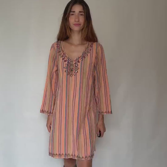 Striped cotton boho dress with beaded neckline – peach pink blue tunic style shift dress with side splits L–XL
