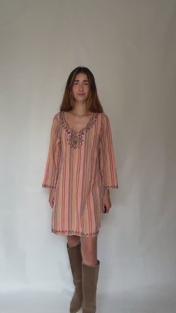 Striped cotton boho dress with beaded neckline – peach pink blue tunic style shift dress with side splits L–XL