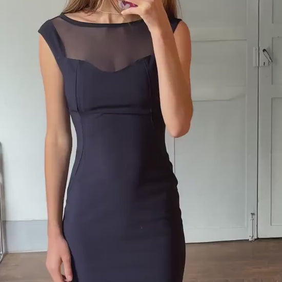 Vinte dark blue ADOLFO DOMINGUEZ pencil dress, Luxury designer tight dress with sheer neckline, XS