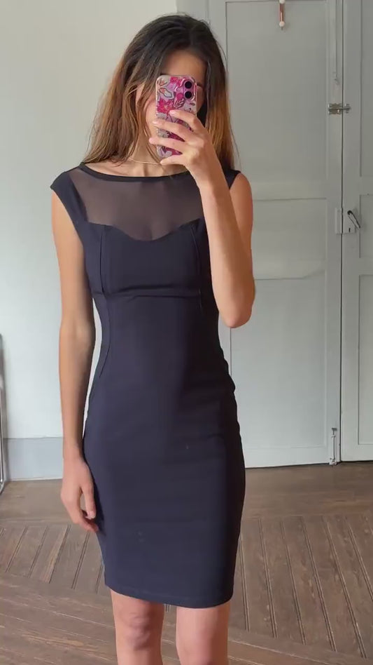 Vinte dark blue ADOLFO DOMINGUEZ pencil dress, Luxury designer tight dress with sheer neckline, XS