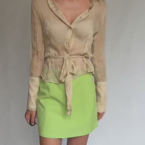 Sheer Light Beige Blouse with Waist Tie – Feminine Vintage Style, See-Through Summer Shirt, Size S