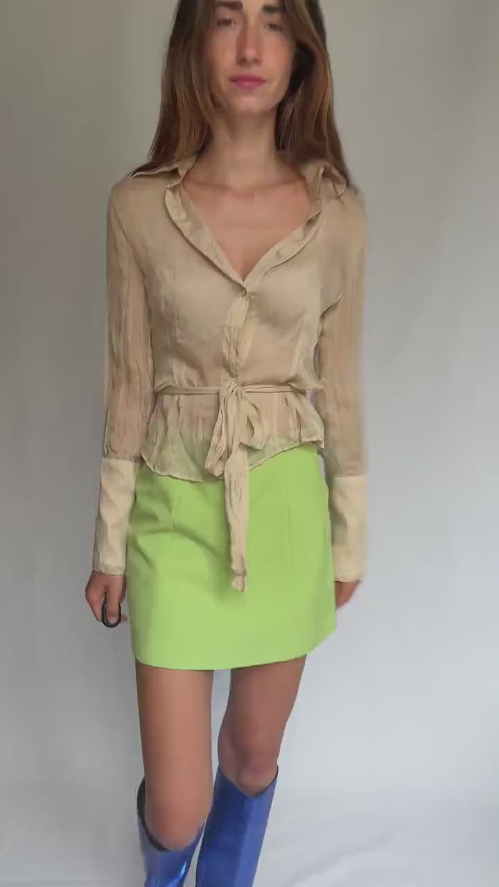 Sheer Light Beige Blouse with Waist Tie – Feminine Vintage Style, See-Through Summer Shirt, Size S