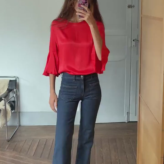 Vintage Massimo Dutti red blouse – flared sleeve top, elegant minimal style, women’s size M, soft drape, bright pink-red, Y2K chic