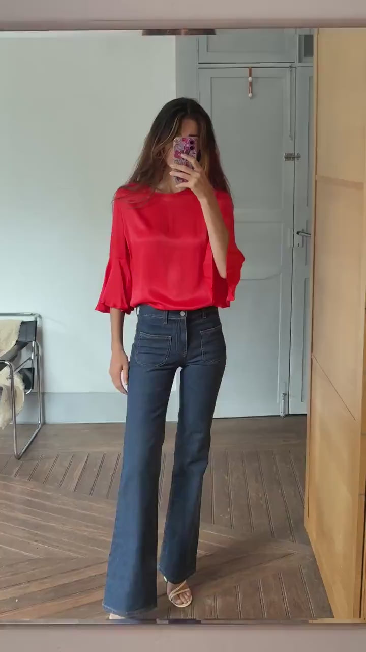 Vintage Massimo Dutti red blouse – flared sleeve top, elegant minimal style, women’s size M, soft drape, bright pink-red, Y2K chic