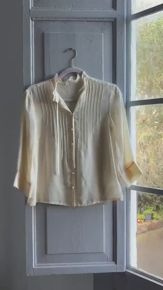 100% silk off white blouse with ruffled neckline, Luxury eggshell woman shirt