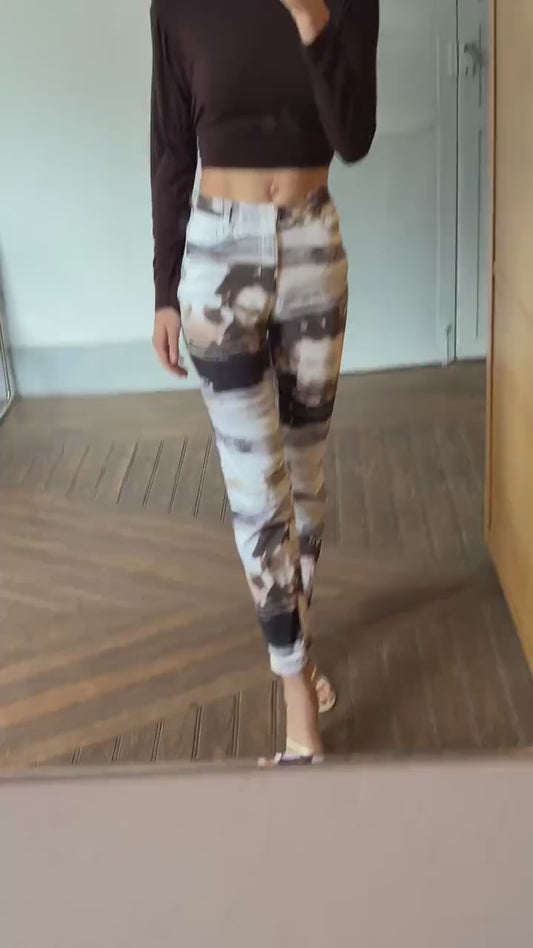 Vintage Kleymac printed jeans, artistic Y2K straight-leg pants, statement high-waisted denim, bold retro aesthetic, Linea Kleymac Sport