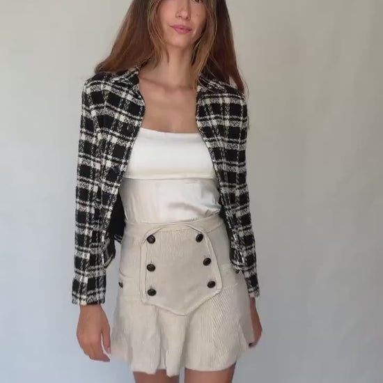 Wool Plaid Jacket – Black White Tweed Style Blazer – Vintage French Girl Aesthetic – Cropped Preppy Fall Coat – Size S