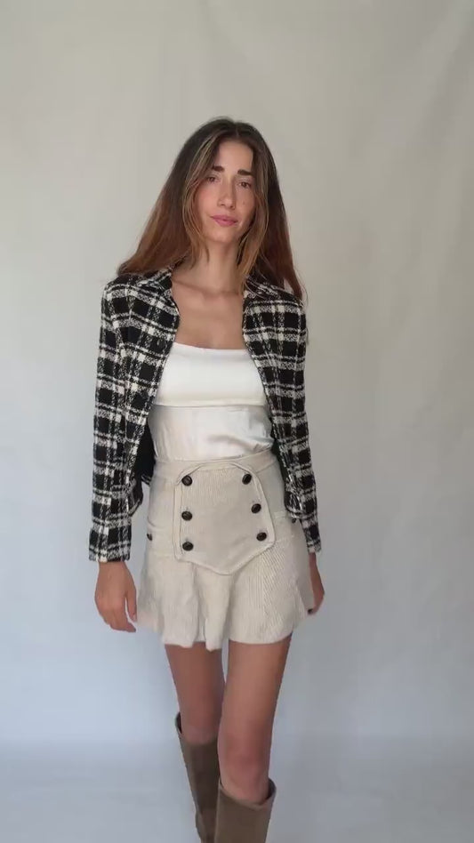 Wool Plaid Jacket – Black White Tweed Style Blazer – Vintage French Girl Aesthetic – Cropped Preppy Fall Coat – Size S
