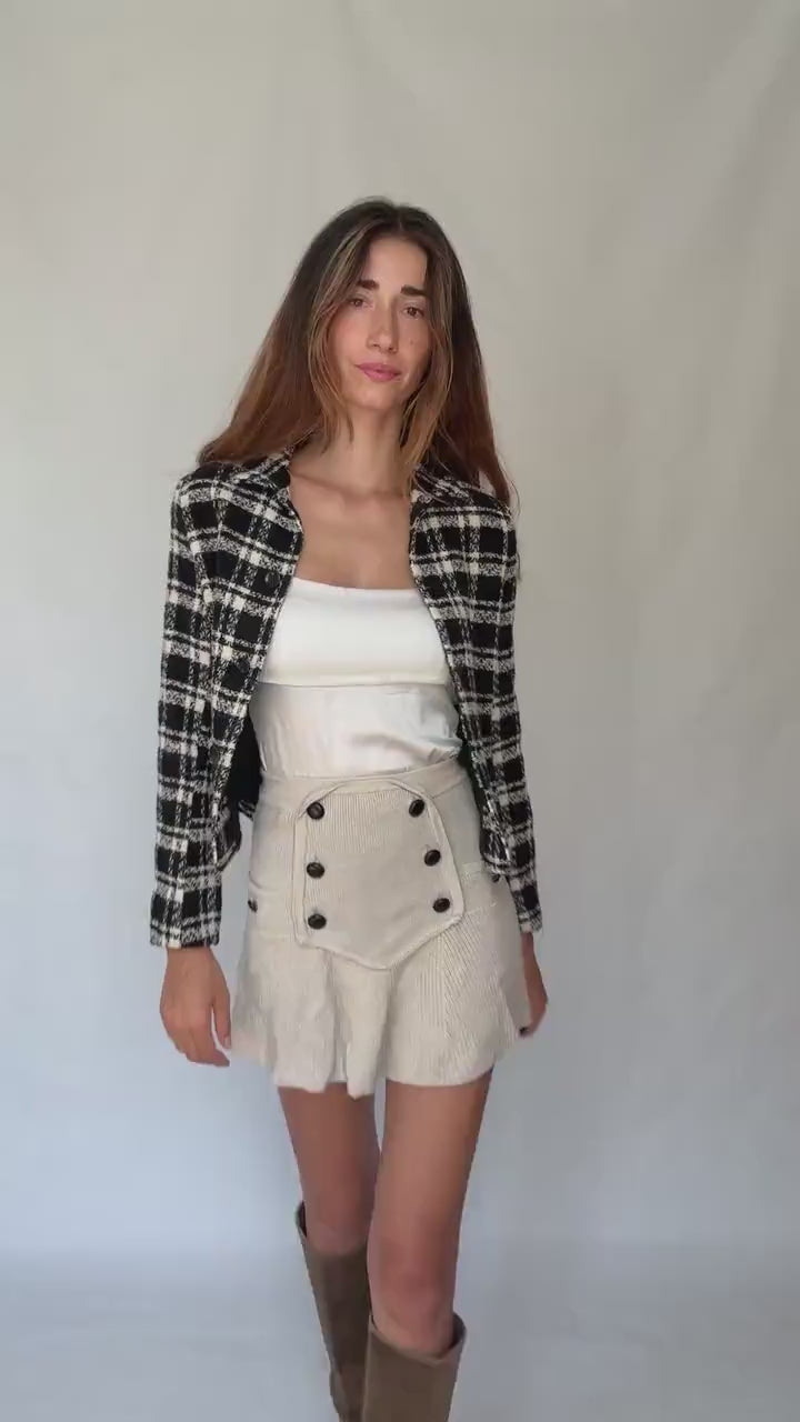 Wool Plaid Jacket – Black White Tweed Style Blazer – Vintage French Girl Aesthetic – Cropped Preppy Fall Coat – Size S