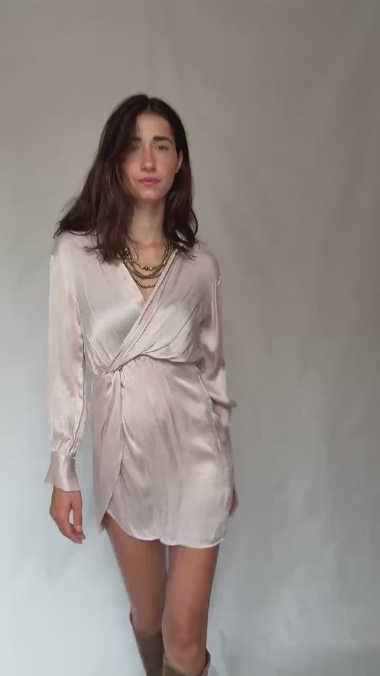 Champagne satin wrap mini dress – long sleeve collared dress – elegant evening outfit, Size 36 - 38