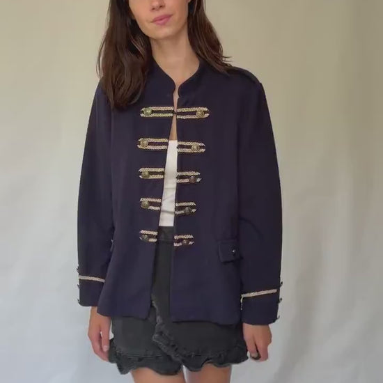 Cortefiel navy military style blazer with gold braid buttons and epaulettes, statement structured piece – dark academia US XL-XXL