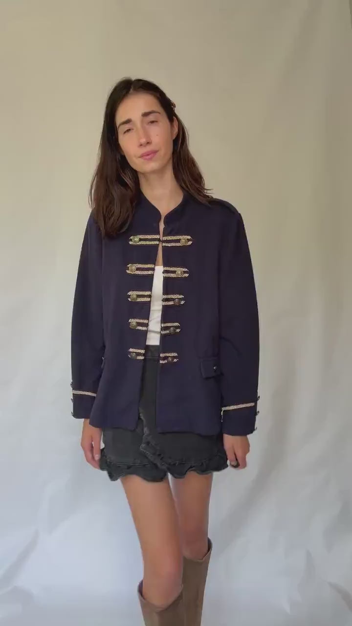 Cortefiel navy military style blazer with gold braid buttons and epaulettes, statement structured piece – dark academia US XL-XXL