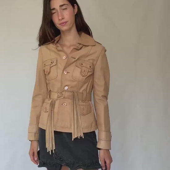 Cortefiel leather jacket S, genuine leather safari jacket, zebra lining fitted blazer, belted fringe tan jacket, western style coat