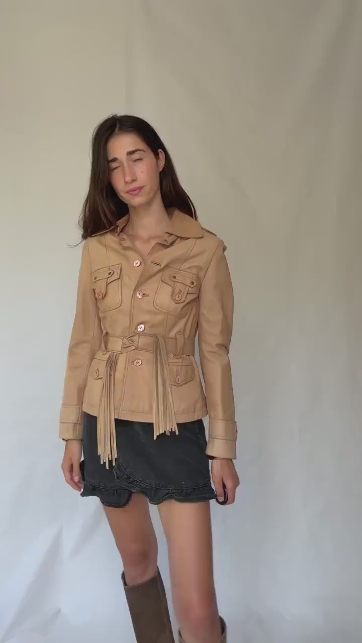 Cortefiel leather jacket S, genuine leather safari jacket, zebra lining fitted blazer, belted fringe tan jacket, western style coat