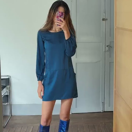 Vintage navy blue shirt dress, Luxe mini dress, size XL