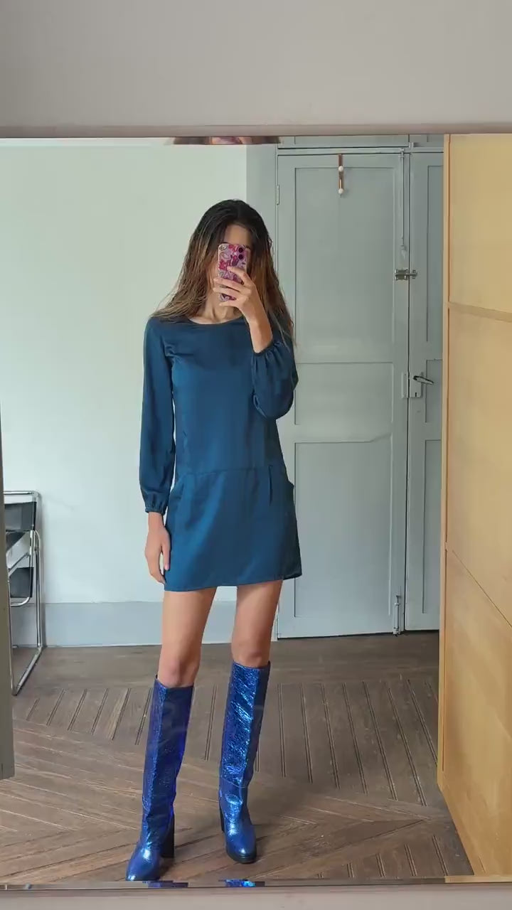 Vintage navy blue shirt dress, Luxe mini dress, size XL