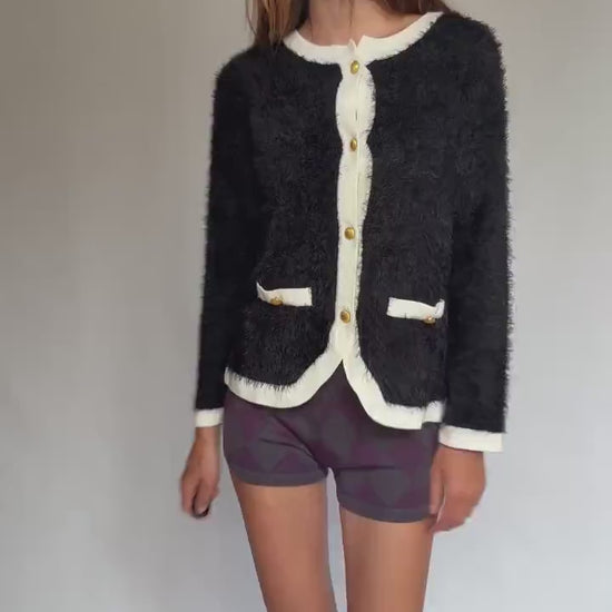 Fuzzy Black and White Cardigan Jacket with Gold Buttons – Collecion Venca Size M/L, Vintage Inspired Soft Knit Blazer