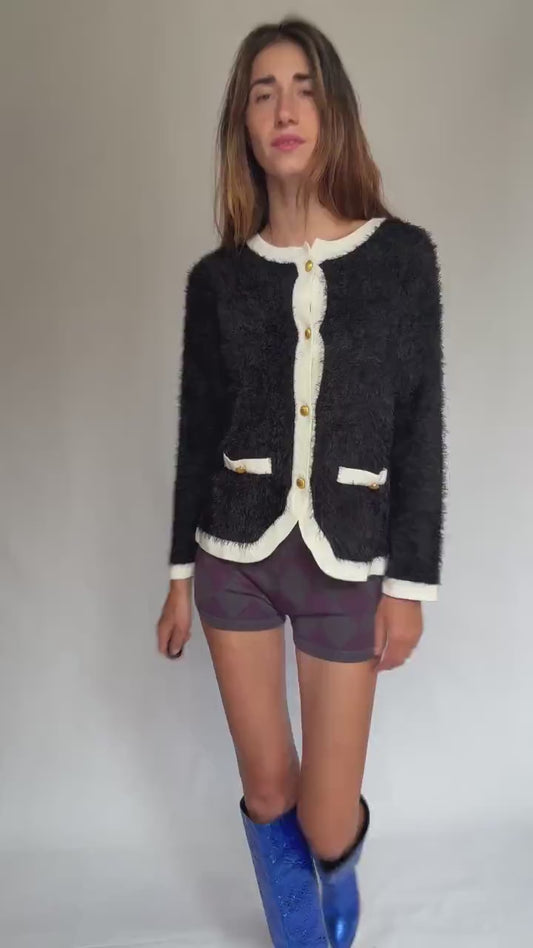 Fuzzy Black and White Cardigan Jacket with Gold Buttons – Collecion Venca Size M/L, Vintage Inspired Soft Knit Blazer