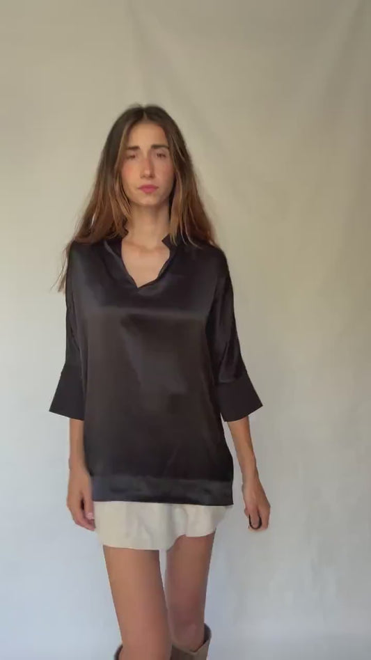 Adolfo Dominguez oversized satin black blouse with 3/4 sleeves, minimal neckline, modern size M
