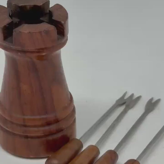 Vintage Mid-Century Fondue Fork Set with Solid Wood Holder | Retro Cheese Appetizer Picks | 7cm Skewers | Rustic Table Decor